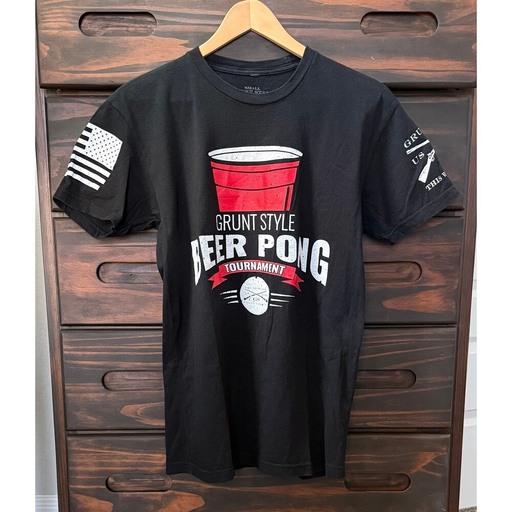 Grunt Style Black T-Shirt Mens Small Crew Neck Tee Short Sleeve - Beer Pong